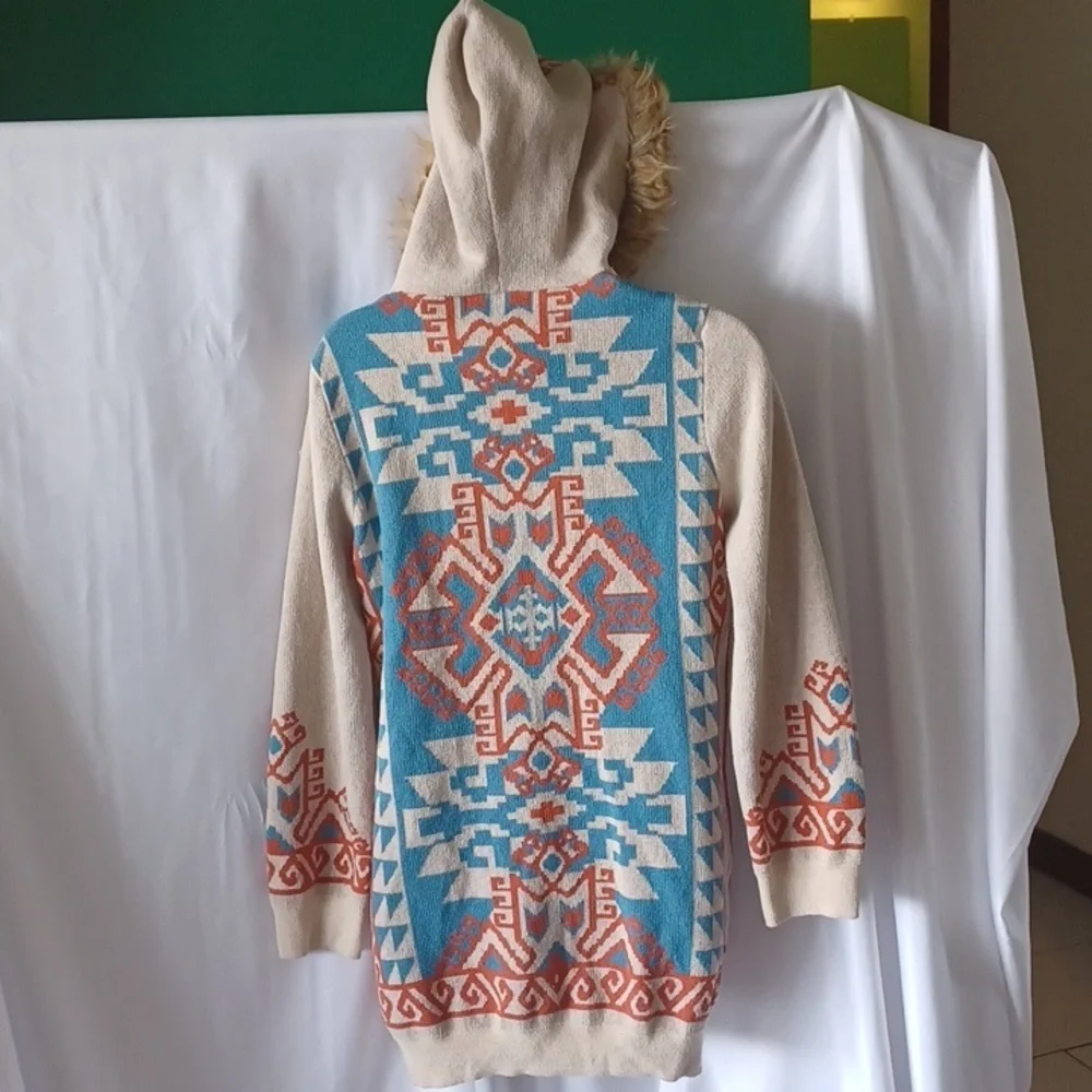 Flying Tomato Printed Knit Cardigan Size Small, turquoise, cream, orange